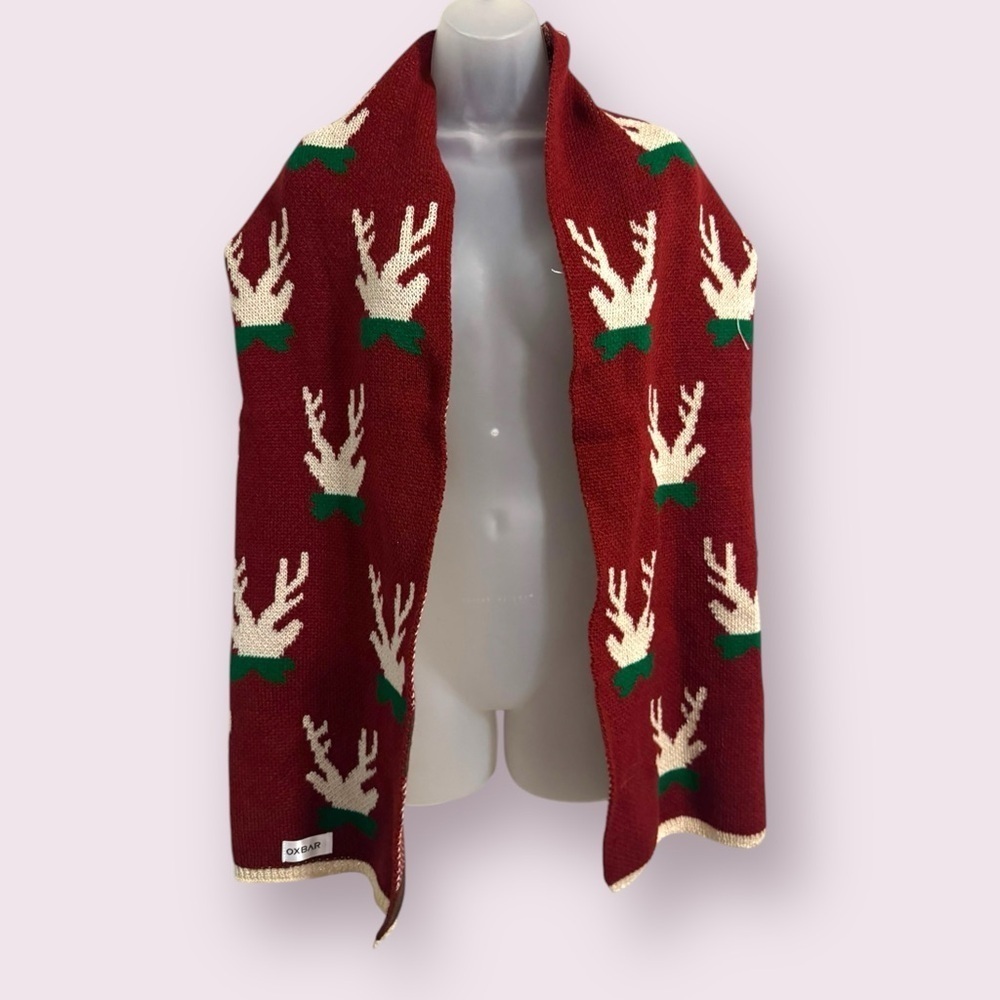 Holiday Knit Scarf Red Reindeer Pattern Winter Wrap OS